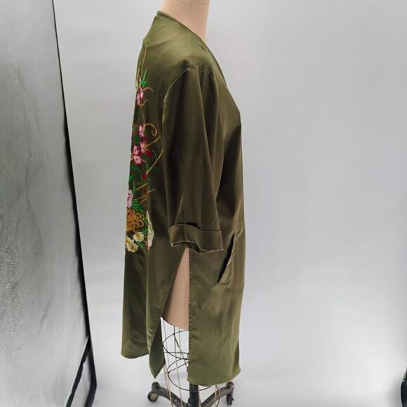 Anthropologie Floreat Kimono One Size Satin Floral Embroidered Open Front Green - Picture 13 of 15